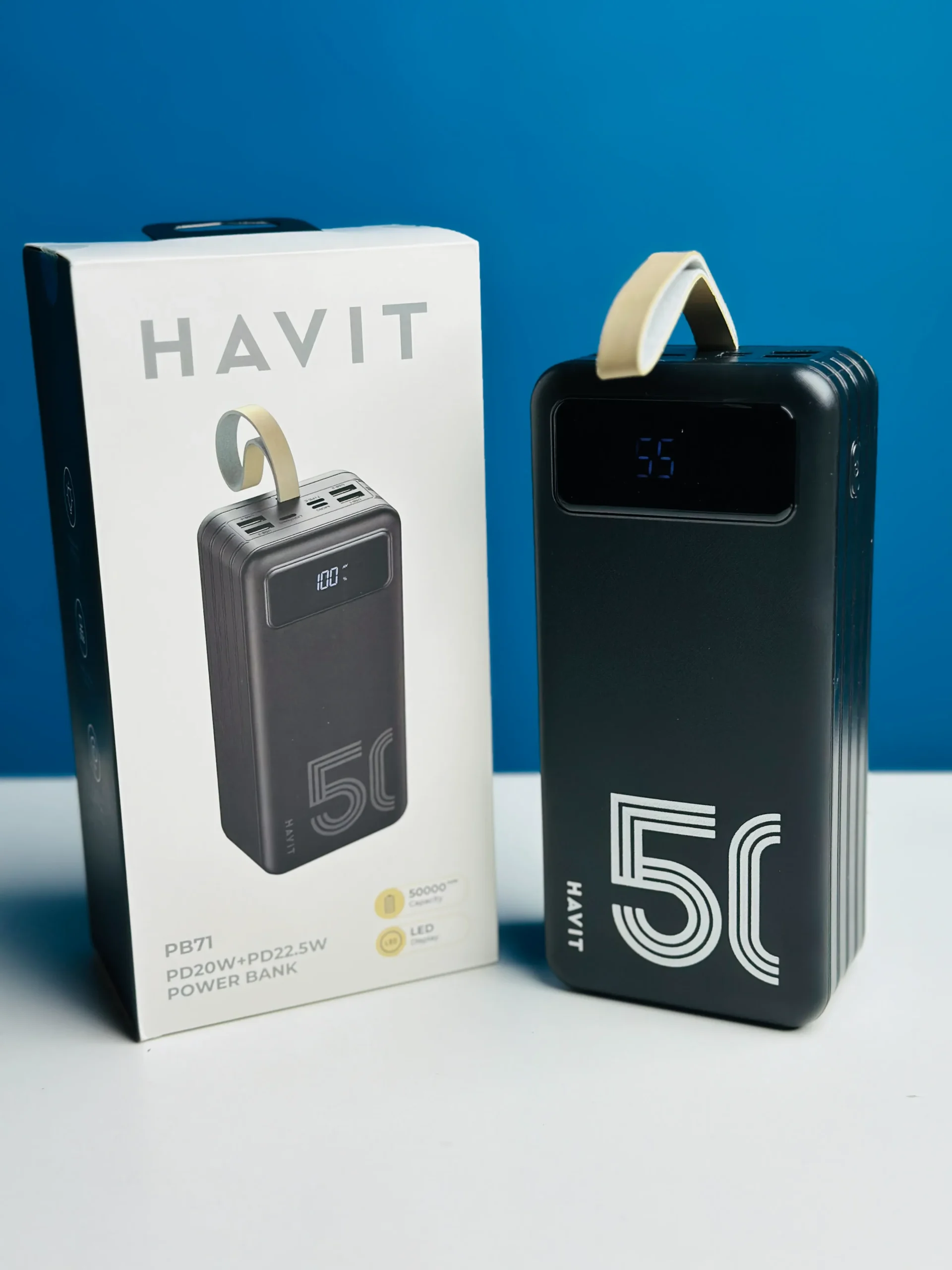 Havit PB71 50000mAh power bank with fast charging and built-in cables, ideal for travel and outdoor use