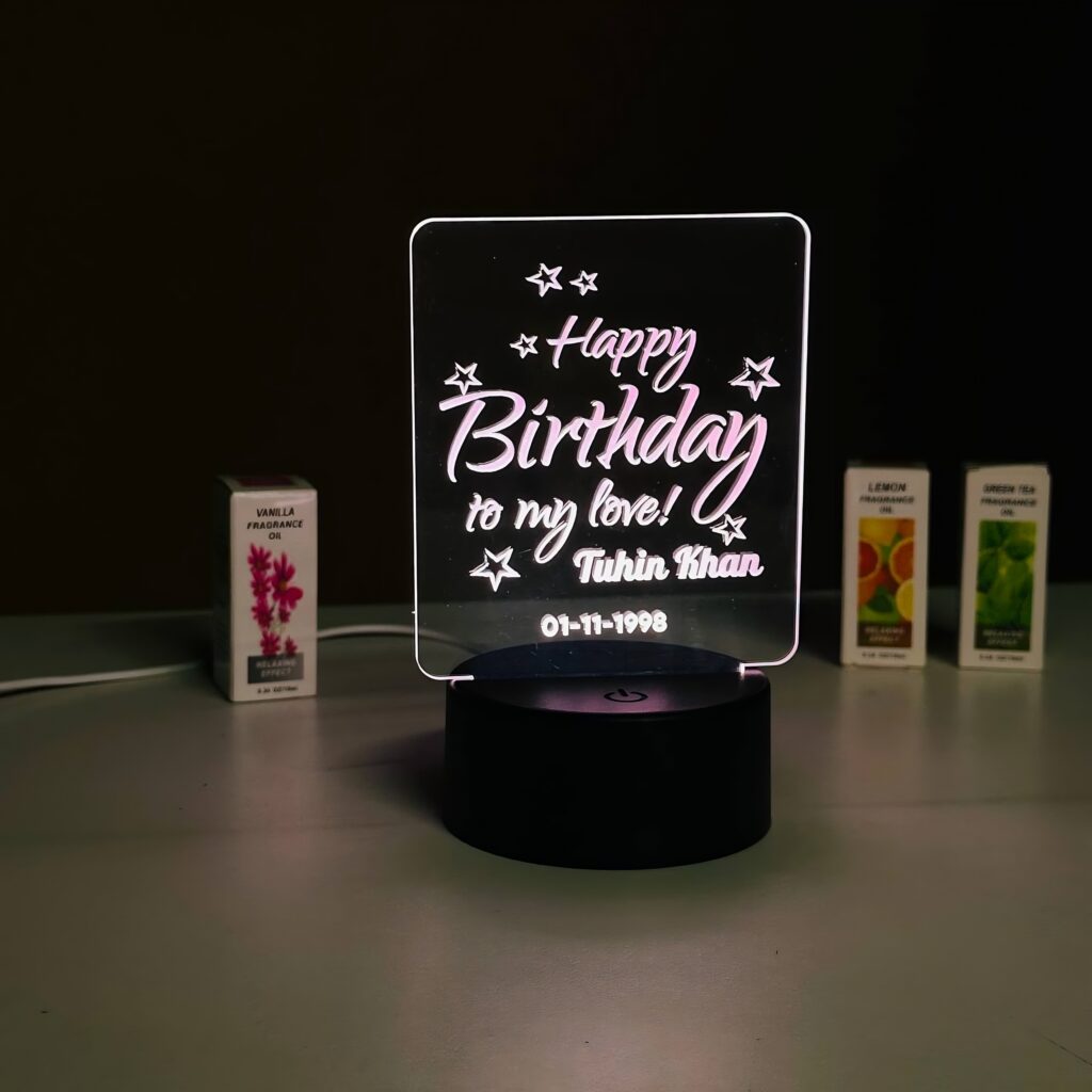 Customizable Happy Birthday Design Acrylic Multicolor Night Lamp with personalized name and date, featuring 7 vibrant color modes and touch control, perfect for birthdays and special gifts in Bangladesh.