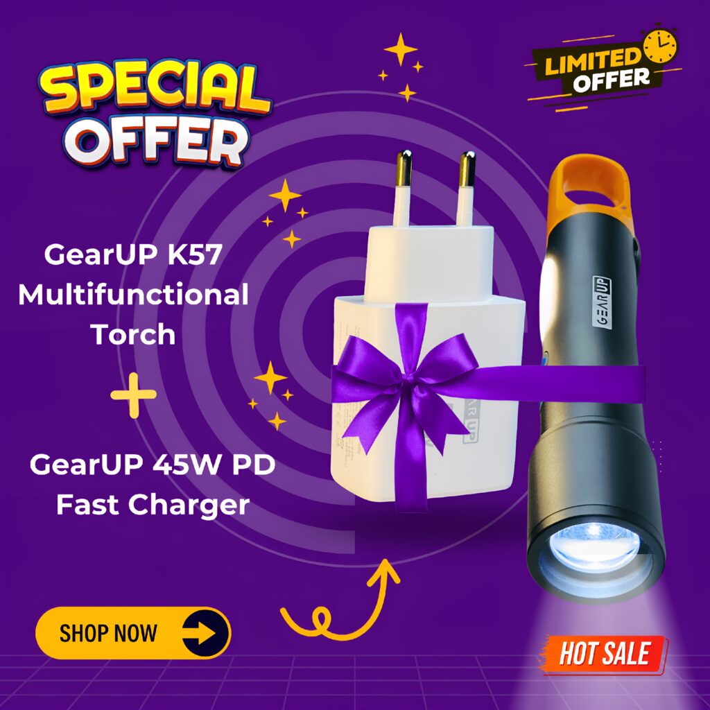 The GearUP K57 Multifunctional Rechargeable Torch and GearUP GP007 45W Fast Charging PD Combo are now available in Bangladesh. Get this essential and versatile combo at the most affordable price, exclusively on NAMECRAFTBD.COM, with the promise of premium quality and customer satisfaction.